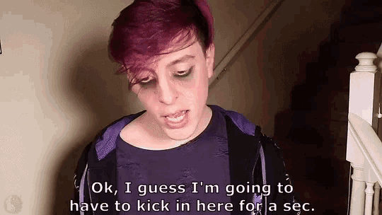 a person with purple hair says ok i guess i 'm going to kick in here for a sec