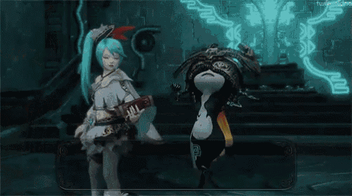 a girl with blue hair is standing next to a monster in a video game ..