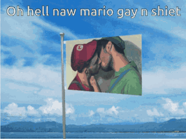a picture of two men kissing on a flag with the words oh hell naw mario gay n shiet