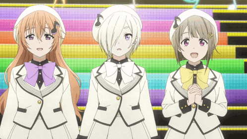 three anime girls are standing next to each other in front of a rainbow background
