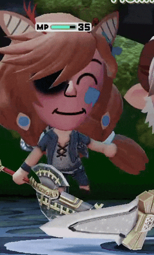 a video game character has a score of 35 and is smiling