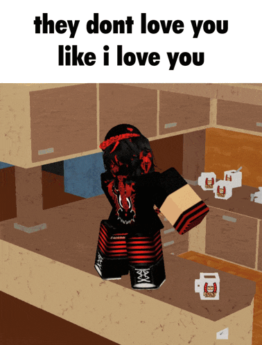 a cartoon of a girl standing in a kitchen with the words " they dont love you like i love you " above her