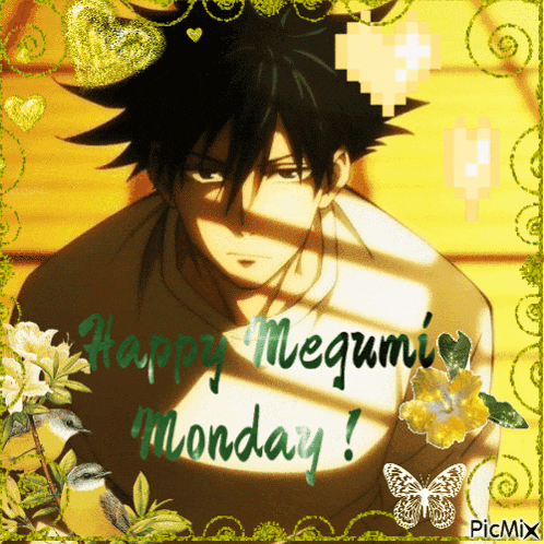 a picture of a boy with the words happy megumi monday on it