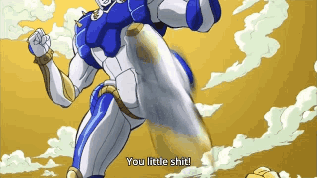 a cartoon character says " you little shit " while kicking the air