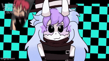 a cartoon character with horns and purple hair is wearing a hat and scarf .