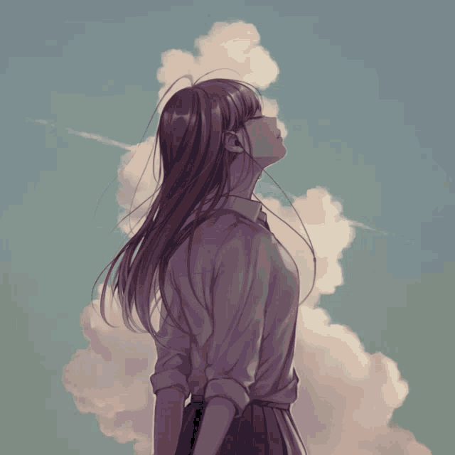 a girl with long hair looks up at the clouds