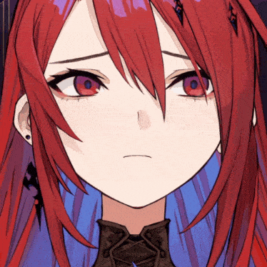 a close up of a red haired anime character with purple eyes