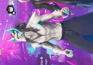 a cartoon character with a wolf 's head and ears is standing in front of a purple background .
