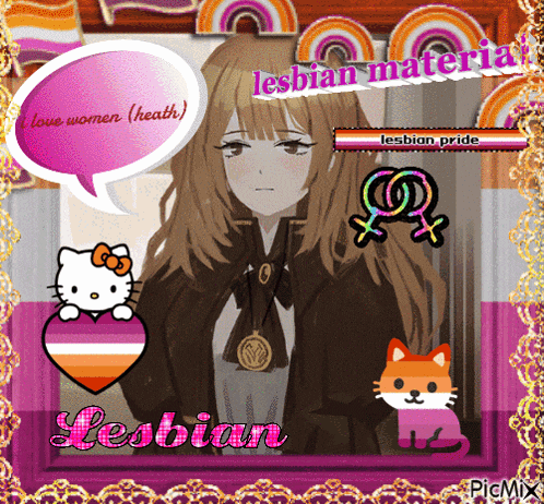 a picture of a girl with a speech bubble that says " lesbian material "