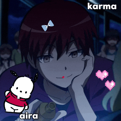 a picture of a boy with a pompompurin and the word karma