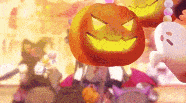 a pumpkin with a face carved into it is surrounded by ghosts and candy .
