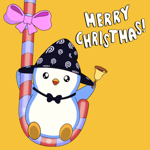 a penguin hanging from a candy cane with the words merry christmas written below it
