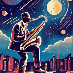 an illustration of a man playing a saxophone in front of a city at night