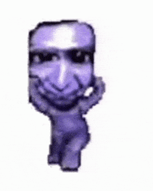 a close up of a purple face with a hand on its chin on a white background .