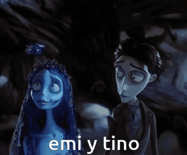 a couple of cartoon characters standing next to each other with emi y tino written on the bottom