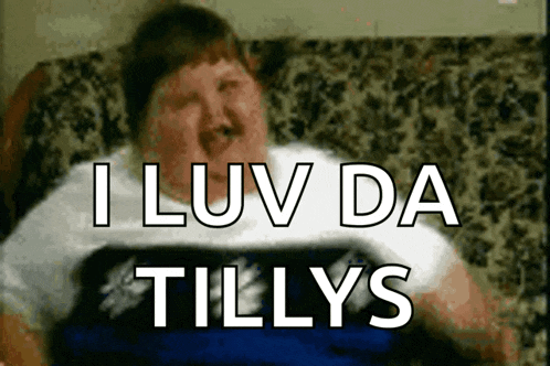 a man sitting on a couch with the words " i luv da tillys " written above him