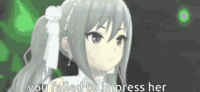 a girl with gray hair and red eyes is wearing a white dress and a white flower in her hair .