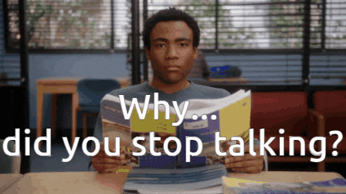 a man reading a book with the words why did you stop talking above him