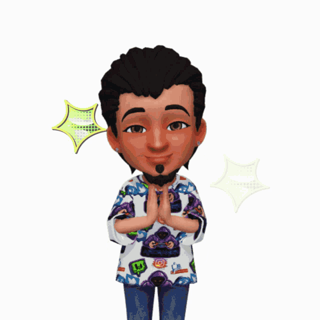 a cartoon of a man with his hands folded and a green star in the background