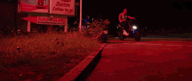 people riding scooters in front of a sign that says bistro coffee shop