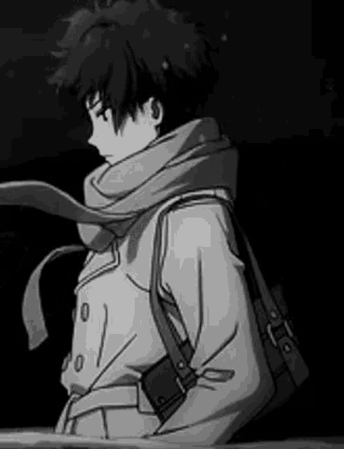 a black and white drawing of a boy with a scarf around his neck .