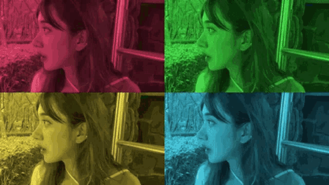 four different colored images of a woman 's face are shown