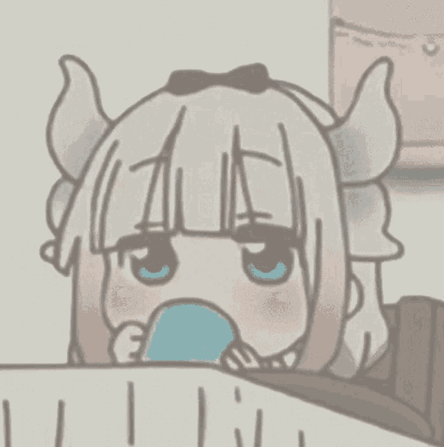 a cartoon of a girl with horns drinking a cup of water .