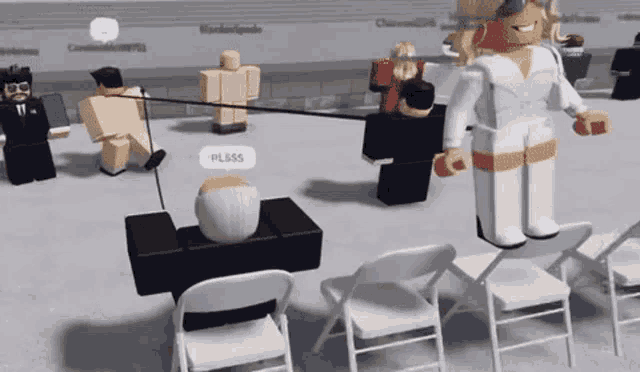 a group of roblox characters are playing a game and one of them is standing on a chair