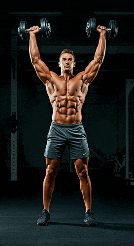 a shirtless man is lifting dumbbells in a gym
