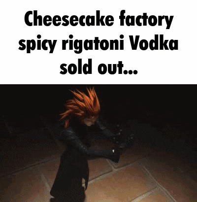 a cartoon character is dancing in a dark room with the words `` cheesecake factory spicy rigatoni vodka sold out ... ''