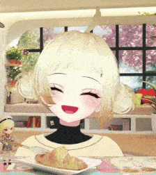 a girl with blonde hair is sitting at a table with a plate of food on it
