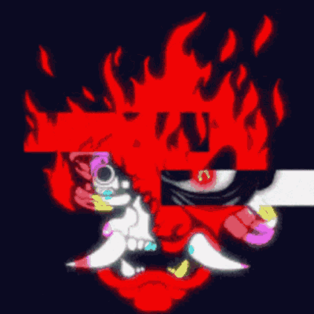 a cartoon drawing of a demon with a gun and the letter v