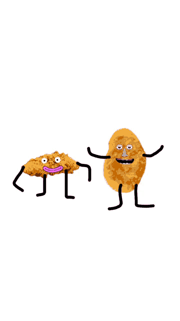 a drawing of a chicken nugget and a potato with arms and legs