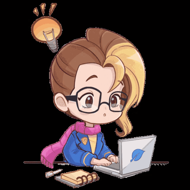 a cartoon drawing of a girl using a laptop