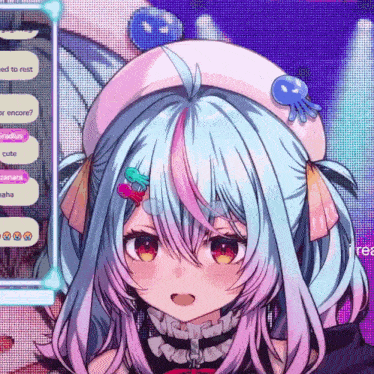 a girl with long blue hair is wearing a white hat with a blue octopus on it