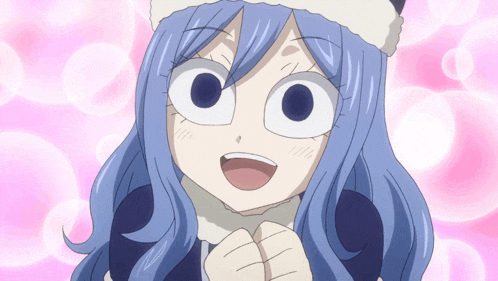 a close up of a girl with blue hair and a white hat