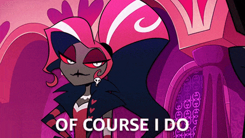 a cartoon character says of course i do in a purple background