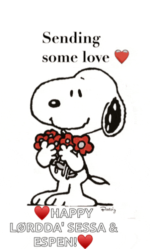 a cartoon of snoopy holding a flower with the words sending some love