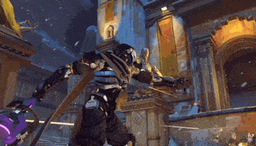 a video game character is flying through the air while holding a sword in his hand .