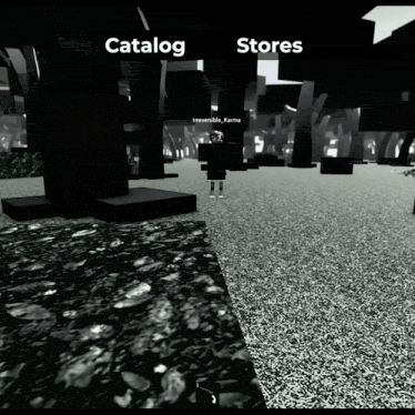 a black and white image of a video game with the words catalog and stores visible