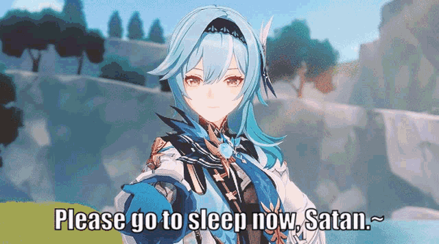 a picture of a girl with blue hair and the words please go to sleep now satan