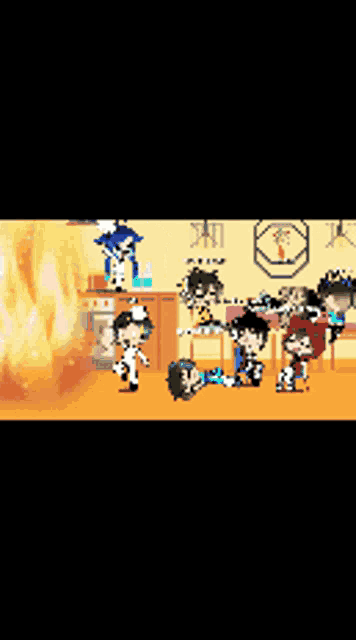 a group of kids are playing a video game with a fire coming out of the corner