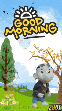 a cartoon character is standing in front of a tree and says good morning