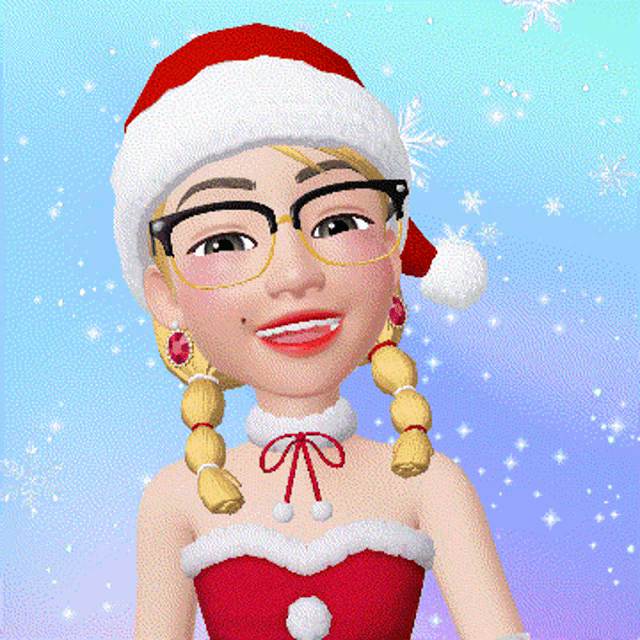 a girl wearing a santa hat and glasses is smiling