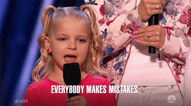 a little girl speaking into a microphone with the words everybody makes mistakes