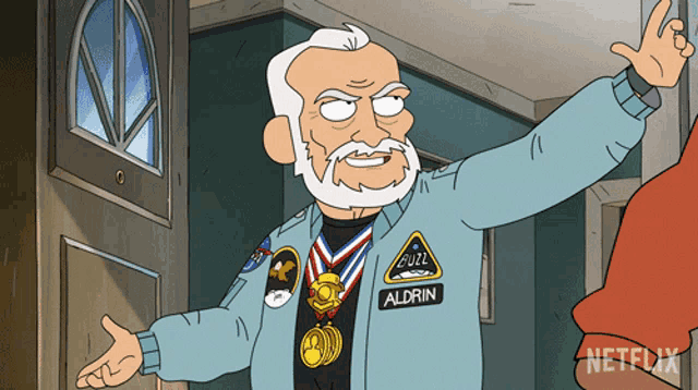 a cartoon of a man wearing a jacket that says aldrin on it