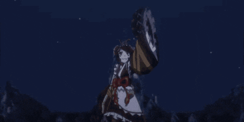 a woman in a red and white dress is holding a sword in the dark