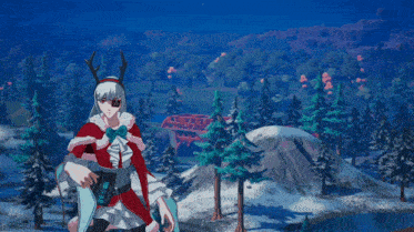 a girl in a santa outfit is standing in the snow