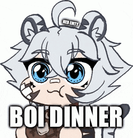 a cartoon character with big eyes and the words boi dinner