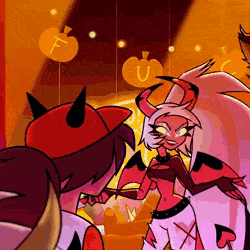 a cartoon character with horns and wings is standing next to a man in a red hat .